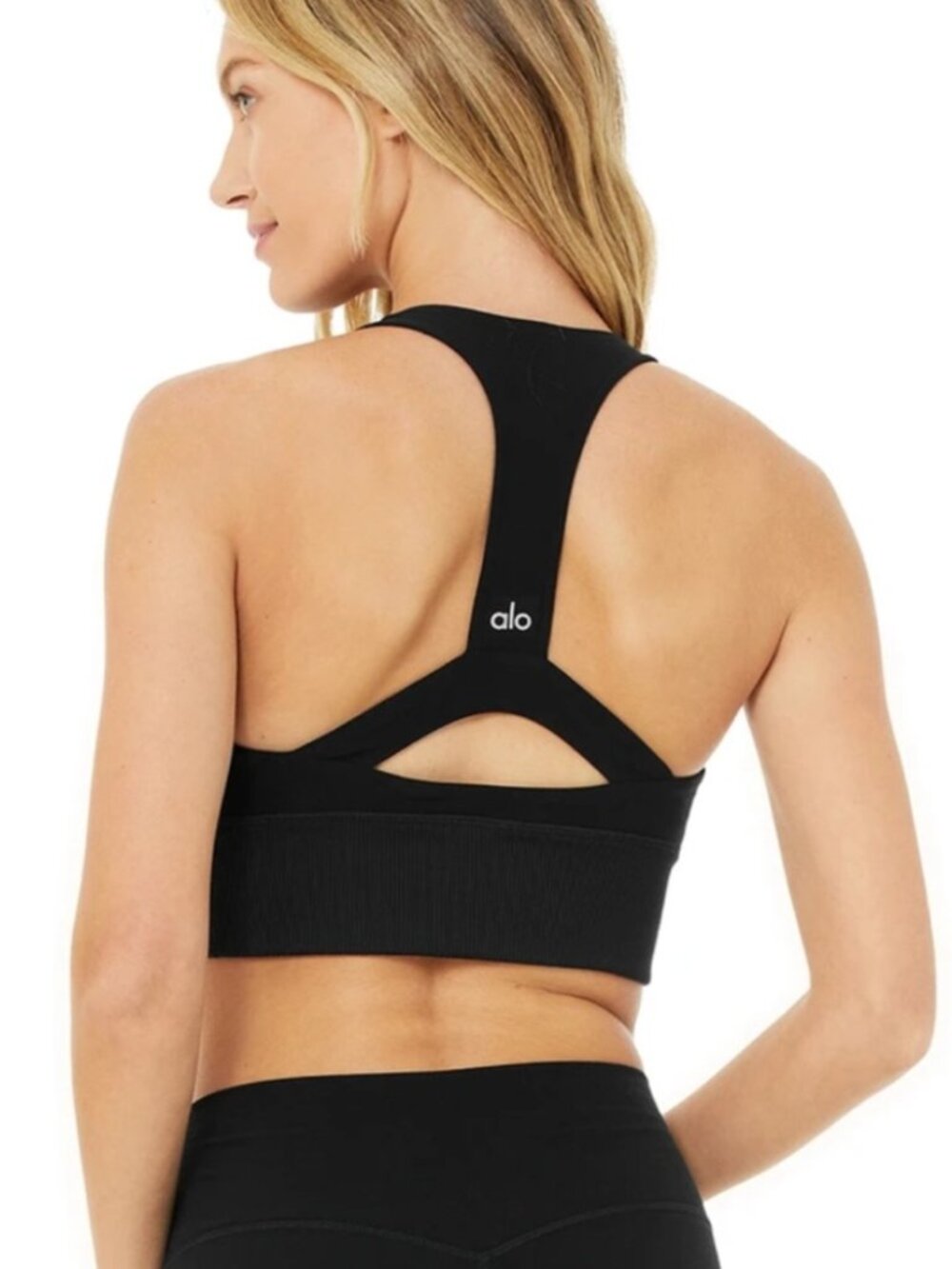 ALO YOGA SERENITY HIGH NECK OPEN BACK T STRAP SPORTS BRA BLACK S
